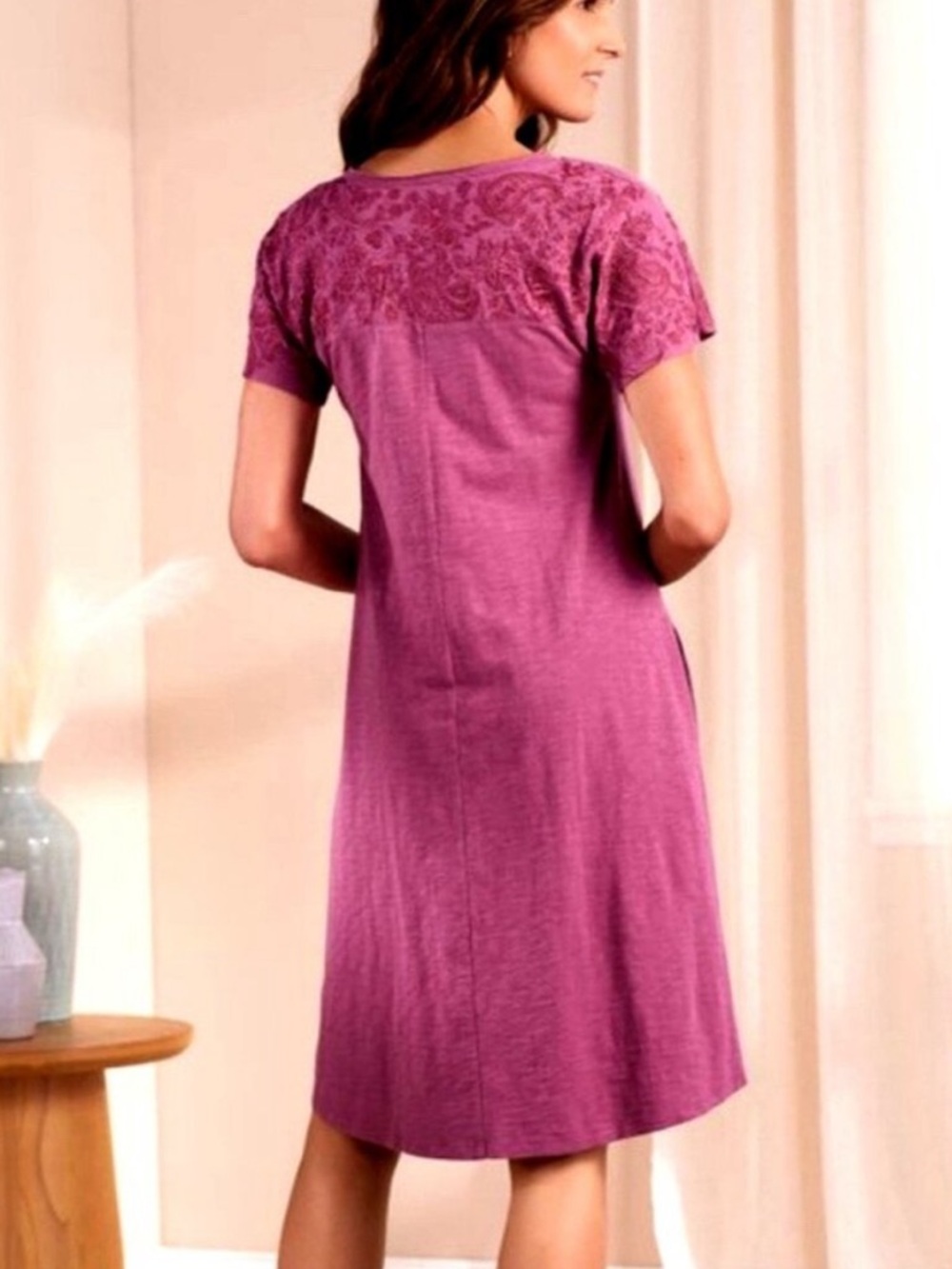 Soft Surroundings Gladstone Embroidered Floral Knit Dress Violet Quartz Cotton M